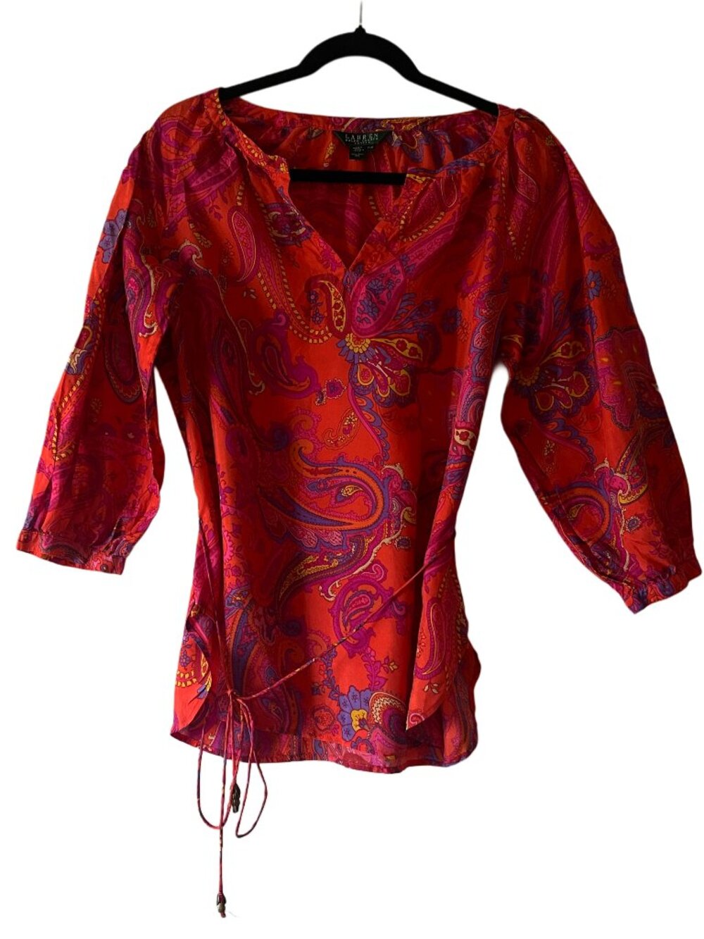 Lauren Ralph Lauren 100% Silk Paisley Blouse Red Boho Tie Waist Tunic Petite M